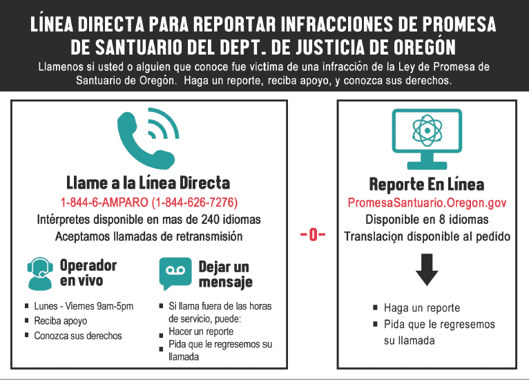 Llame a la línea directa del Promesa de Santuario para reportar infracciones de la ley