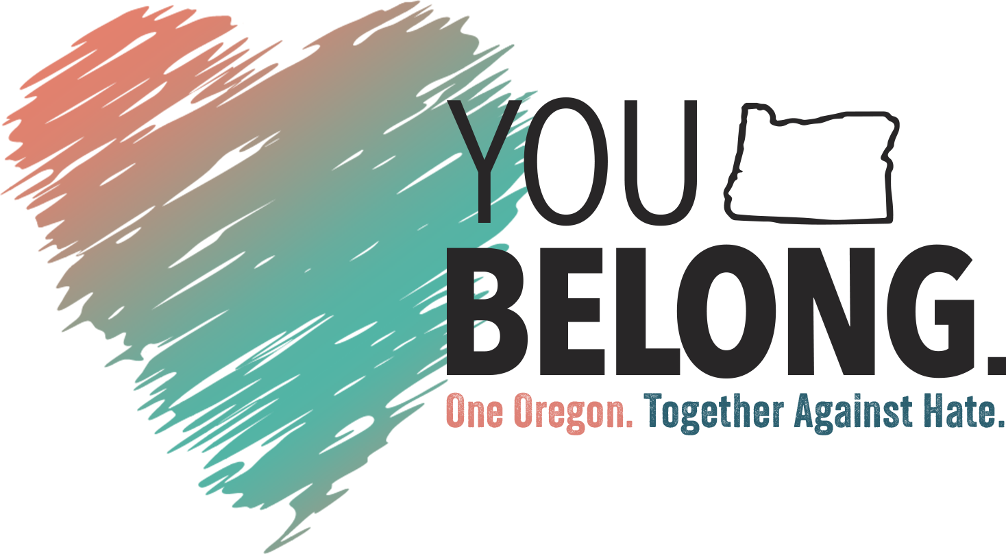 Gradient scribbled heart with You Belong. logo. One Oregon. Together Against Hate.